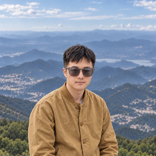 Portrait of Yuduo Wu wearing light smoke-gray sunglasses and a mustard jacket, with mountains behind him.